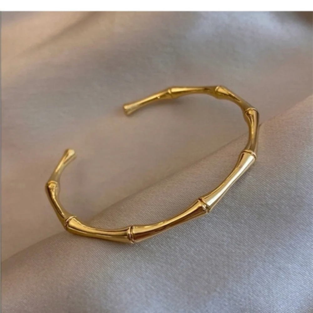 Gold Tone Bamboo Style Open Cuff Bracelet Minimalist Modern Jewelry NWT